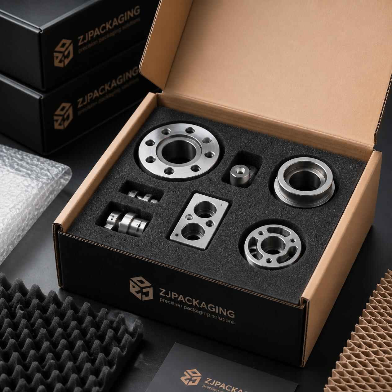 Packing Specific Pieces - organized packaging of specific mechanical parts and components, custom foam inserts, protective packaging materials, precision parts being carefully packed, professional pro