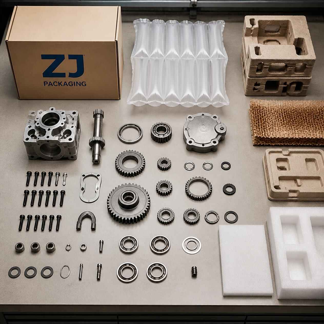 Start With Disassembly, Not the Bubble Wrap - disassembled mechanical parts, gears, components, and packaging materials laid out systematically on a workbench, no human face, professional product phot